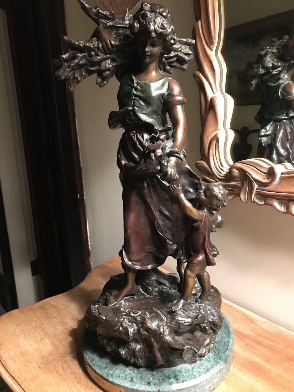 I Have A Bronze Sculpture Of A Woman And Child On A Marble Base. She Is