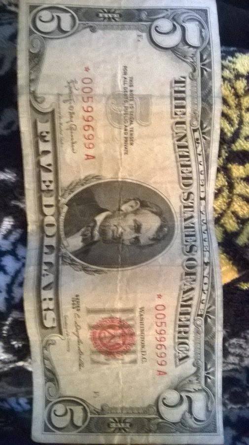 1963 Red Seal Five Dollar Money Serial A49838363A Used
