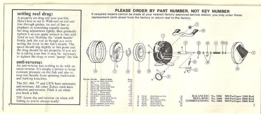 Vintage Berkeley Reel Parts Catalog and Zebco ZeeBee Instructions