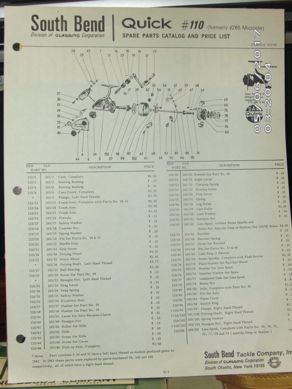 1966 D.A.M. Quick Spinning Reels Service Manual Pages For Model